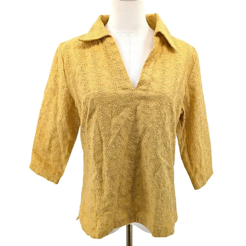 Mustard Yellow Linen Eyelet Top Boho Cottagecore Lightweight Blouse XL‎